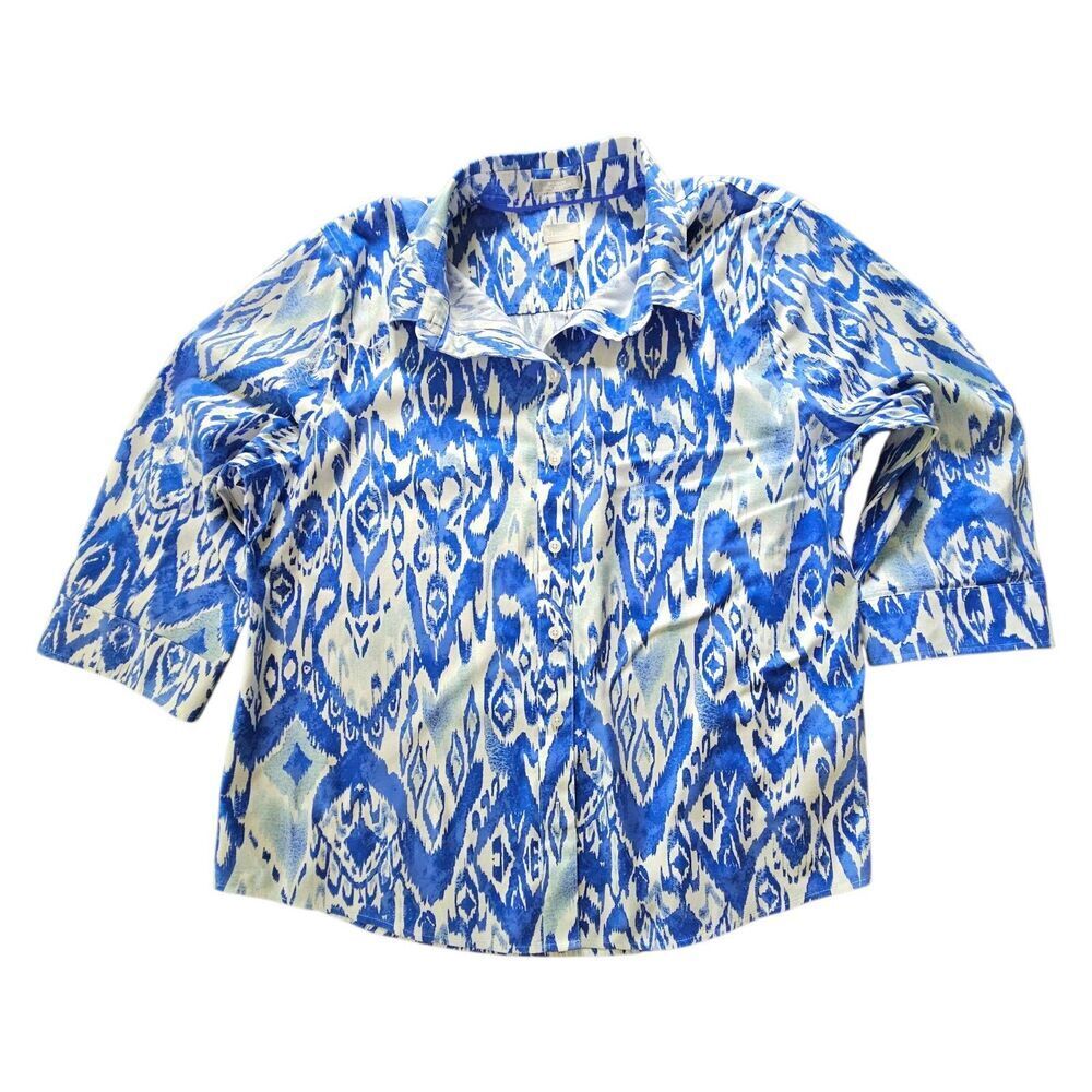 Chicos No Iron Stretch Button Up Shirt Size 3 US L Blue White Ikat 3/4 Sleeves